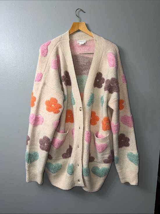 Chic Soul Sweaters - Chic Soul Fuzzy Textured Floral Relaxed Sweater Cardigan 1x oversized